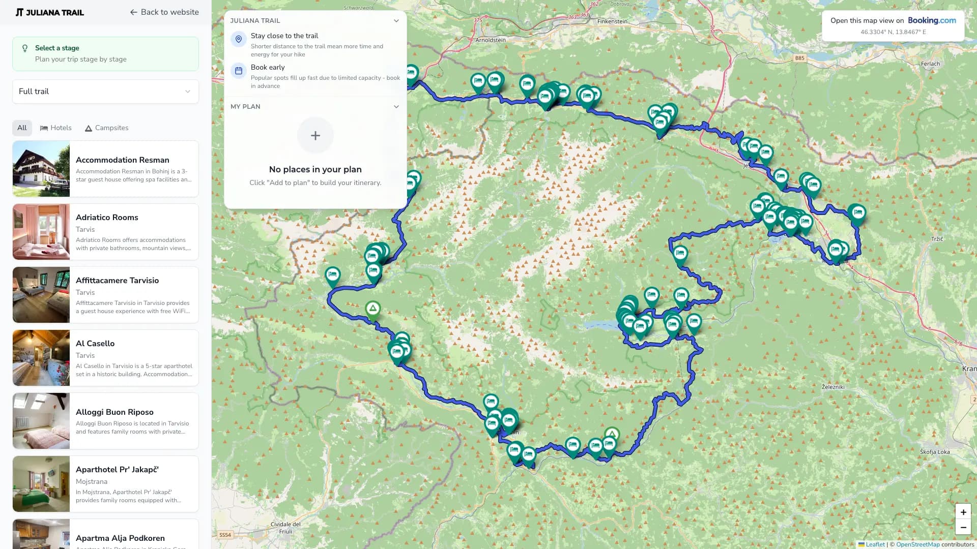 Planner map view with stages and accommodation along the trail